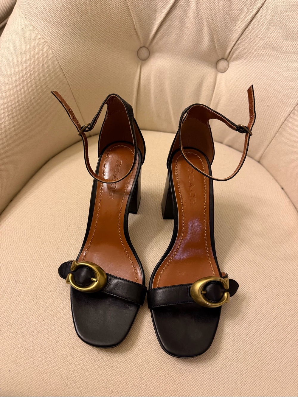 Coach Black Leather Ankle-Strap Block Heel Sandals with Gold Buckle